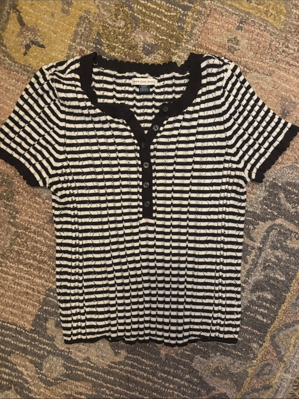 American Eagle Outfitters Black & White Striped Short Sleeve Henley Top